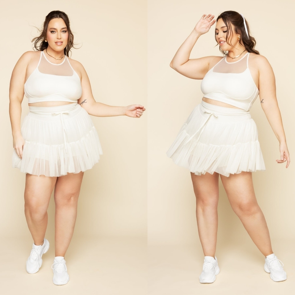 ☆POPFLEX Chic Cream Mesh Mini Skirt with Drawstring☆